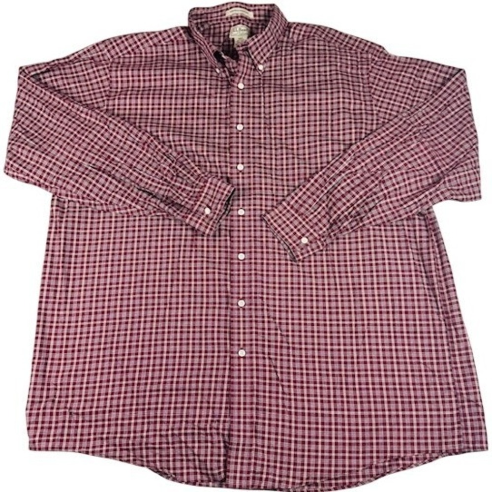 L.L. Bean Button Down Mens XXL Tall Plaid Shirt Wrinkle Resistant Burgundy 0MT79